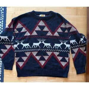 VTG POPLAR Pull Over Sweater Navy Red Geometric REINDEER Made In USA Apres Ski M